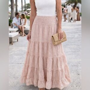 Puro Lino Made in Italy 100% Linen Smocked Tiered Maxi Skirt